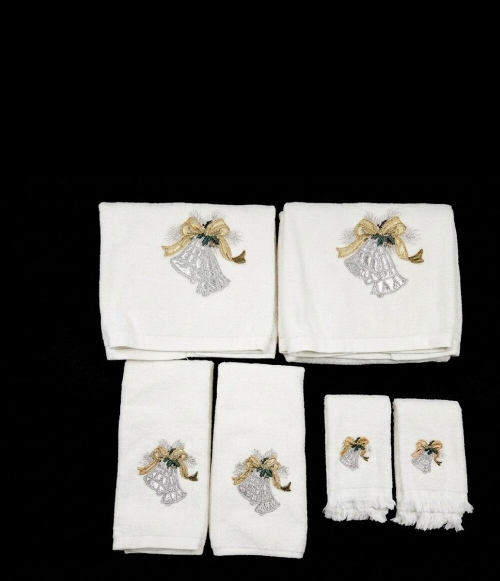 Vintage Made In USA White Christmas Towel Set Bath, Hand, Washcloth Gold Bell